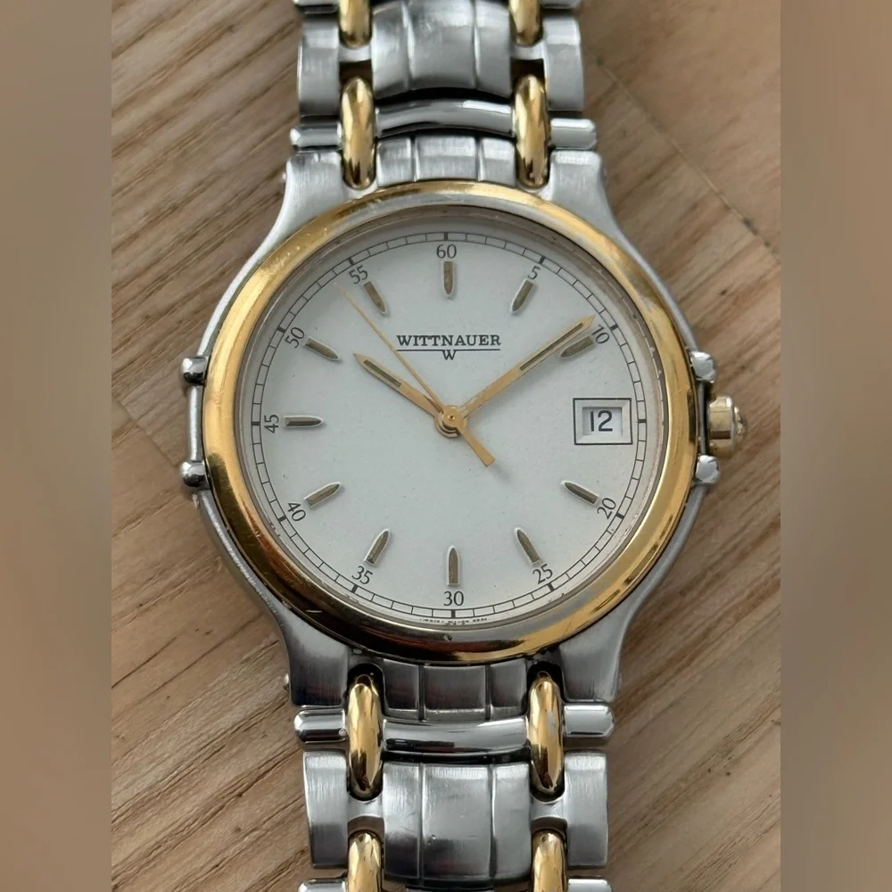 Wittnauer Vintage Luxury Watch Two-Tone Bracelet Case White Dial Date Window